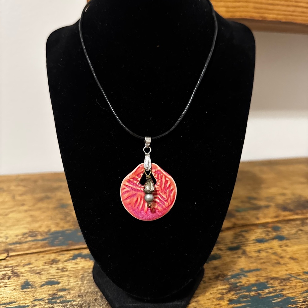 Pink and Silver Ceramic Pendant Necklace
